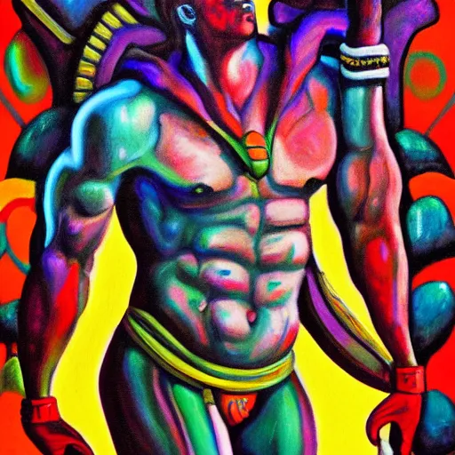 Prompt: a painting of a tranquil gladiator thinking in the style of flooko, alex grey, acrylic, vibrant, twilight, glows, detailed,