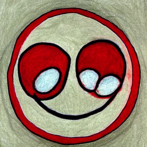 Image similar to primitive drawing of smiling circle face with red eyes thumb up. Сhild drawing picture