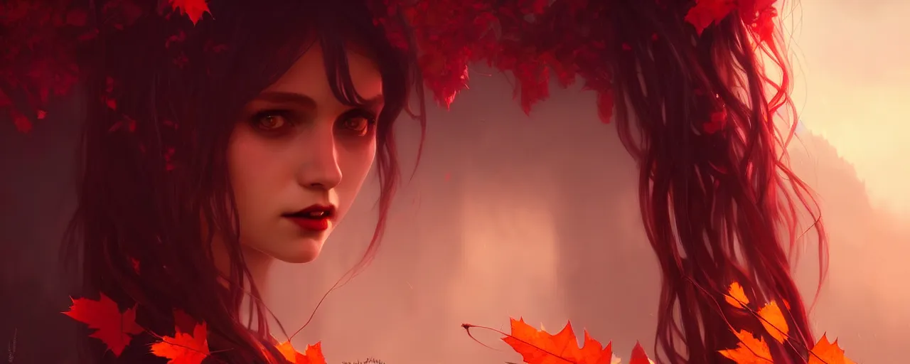 Prompt: vampire girl with with hair becoming autumn red leaves, intricate, dreamy, digital painting, artstation, concept arti, unreal engine 5, 8 k, art by artgerm and greg rutkowski and alphonse mucha