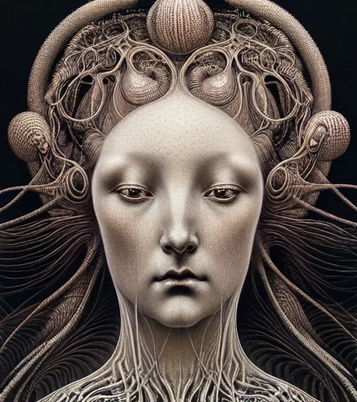 Image similar to detailed realistic beautiful anodized goddess face portrait by jean delville, gustave dore, iris van herpen and marco mazzoni, art forms of nature by ernst haeckel, art nouveau, symbolist, visionary, gothic, neo - gothic, pre - raphaelite, fractal lace, intricate alien botanicals, biodiversity, surreality, hyperdetailed ultrasharp octane render