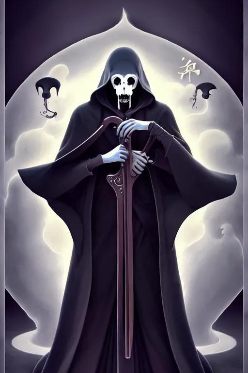 Prompt: video game cover, cartoon grim reaper dressed with a cape, intricate baroque style. by hsiao - ron cheng, by goro fujita, by octavio ocampo, masterpiece. intricate artwork, very coherent symmetrical artwork, cinematic, octane render, smooth gradients, high contrast. full body character, clean ink detailed line drawing