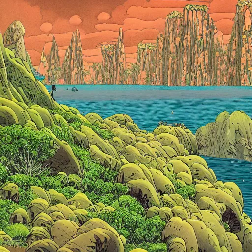 Prompt: illustration of a lush natural scene on an alien planet by moebius. detailed. beautiful landscape. colourful weird vegetation. cliffs and water.
