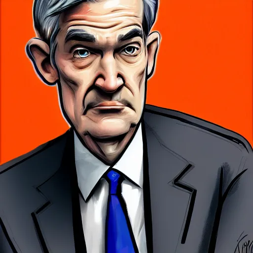 Image similar to Jerome Powell in an orange jail suit, digital art, artstation, caricature, satire