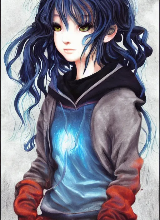 Image similar to medium shot A twelve years old girl with orange eyes, dark blue!! short curly dark blue dyed!! hair i a black hoodie with white!! eyes!! ornament!! and grunge jeans, with the black cauldron, making a potion, blue shiny lighting, beautiful fantasy art by By Artgerm and Hayao Miyazaki, trending on artstation