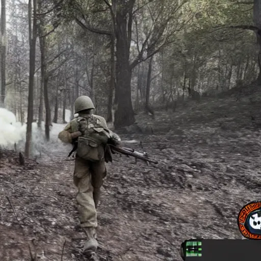 Image similar to ww 2 battlefield encounter in the woods between 2 american soldiers and a german soldier fighting for their lives, hd realistic faces, dirt and dust particles in the air, smoke and fire in the distance - c 1 3