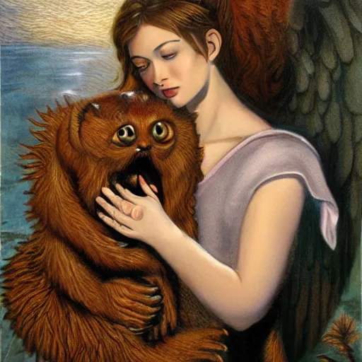 Image similar to angelical woman with her chained giant monster pet. art.