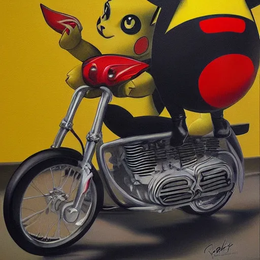 Image similar to pikachu riding motorcycle, nestor canavarro hyperrealist art style, sharp brushstrokes