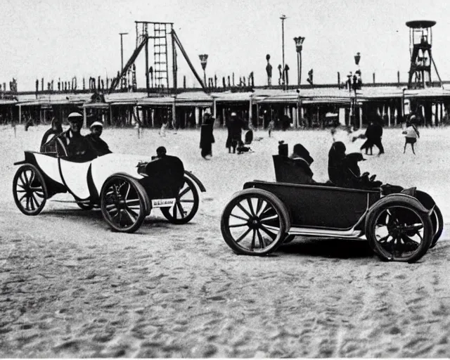 Prompt: a photo from the early 1900s of two people racing in electric cars, on a beach, with the Coney Island boardwalk in the background