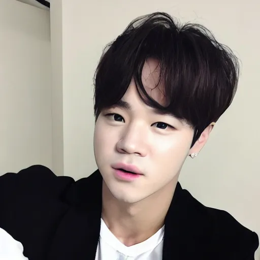 Prompt: real person male idol jimin\'s face, Jimin\'s right eyelid has a scar which causes his right eye to appear swollen, Jimin\'s Grecian nose, Jimin\'s right eyelid swollen, Jimin\'s right eyelid swollen, Jimin\'s reversed egg shaped face, Jimin\'s small chin, Jimin\'s sweeping curvy eyelids, Jimin\'s real face, Jimin\'s wide cheekbones, jimins neutral canthal tilt, Jimin\'s plump lips, jimins thin eyebrows that follow his eye shape, Jimin\'s straight & sharp nose, Jimin\'s small button nose base, Jimin\'s lip upper thickness is almost identical to the lower but slightly smaller, the adjoining part of the upper lip to the lower lip is figuratively similar to the chicks beak, Jimin\'s smaller nose, Jimin\'s smaller nose, Jimin\'s small nose