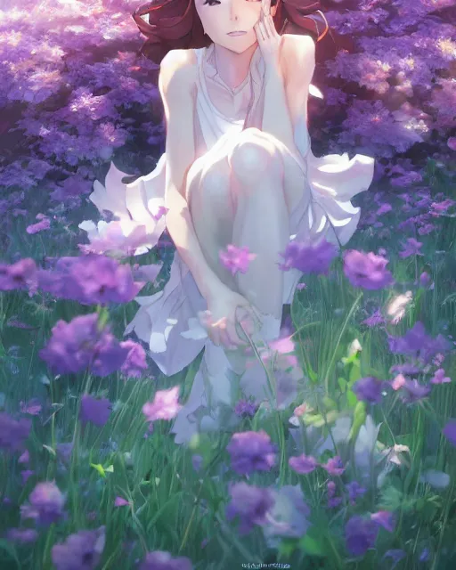 Image similar to goddess of flowers, full shot, perfectly shaded body, atmospheric lighting, detailed face, by makoto shinkai, stanley artgerm lau, wlop, rossdraws