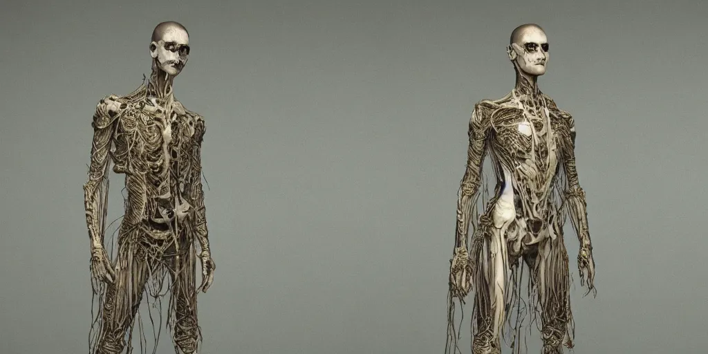 Prompt: beautiful wide-shot portrait of obscure::5 grotesque::5 high fashion model::10 model::3 etched bone armor::4 delicate golden markings::4 with glass veins face, translucent glowing ghostly silk robes, fungal armor made of glass neon::2 veins::5 muscles wires and synapses::2 hyperrealisitic mushroom and delicate translucent mushrooms, moody, scattered light, cinematic, hyperrealistic, super realistic, realistic, procreate, octane render, unity engine, unreal engine, houdini, blender, style by max verehin::10