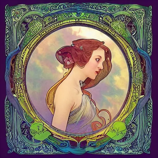 Image similar to Alice in Wonderland,Diamonds Blaze,Rose twining,out of time and space,dreamy, eternity, romantic,highly detailed,in the style of Alphonse Maria Mucha, highly detailed,night lighting