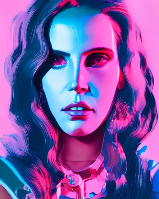Image similar to portrait of lana del rey as a cyborg. realist abstract. key art. cyberpunk, blue and pink, intricate artwork. by tooth wu, wlop, beeple, dan mumford. 8 k octane render, trending on artstation, greg rutkowski very coherent symmetrical artwork. cinematic, hyperrealism, very detailed, iridescent accents