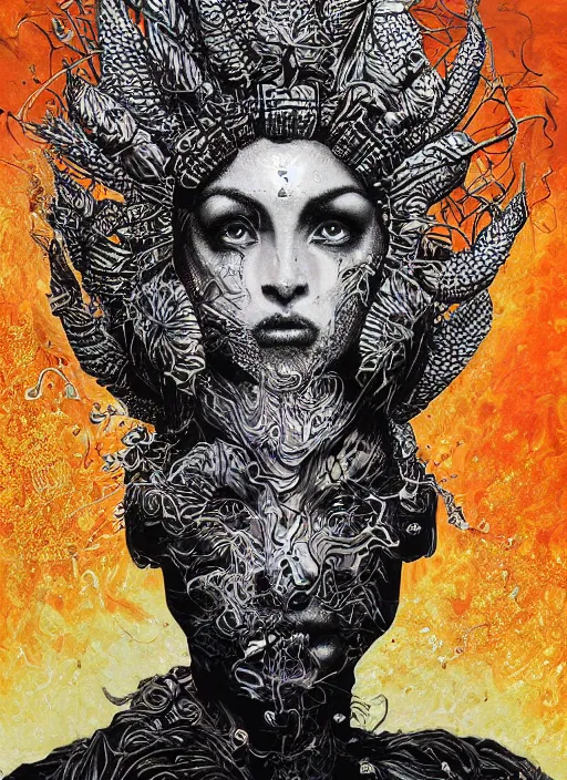 Image similar to Fire goddess painting by Dan Hillier, trending on artstation, artstationHD, artstationHQ, 4k, 8k