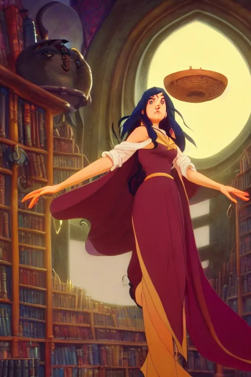 Prompt: animation still frame of an attractive female sorceress ( long dark hair ) casting a spell, high angle closeup portrait, ( ( wholesome, ) ) blurry background of the library, disney, pixar, bbloom, medium shot, waist up, dramatic lighting, in the style of studio ghibli, j. c. leyendecker, greg rutkowski, artgerm