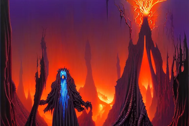Image similar to darker shades of forgotten misery and despair by michael whelan and roger dean and brom and hubert robert and greg staples and donato giancola, beautiful, mythical, scaled robes, highly detailed, hyperrealistic, intricate, energy, orange electricity, blue flame, low light, purple crystals, high contrast, lifelike