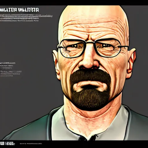 Image similar to Walter White with pork pie black hat, accurate anatomy, highly detailed, gta 5 styled, centered, portrait