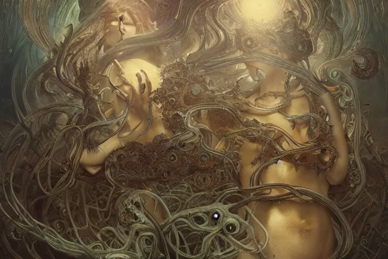 Image similar to a lovecraftian painting of a nightmare, cosmic horror elements, ultra realistic, concept art, intricate details, eerie, highly detailed, photorealistic, octane render, 8 k, unreal engine. art by artgerm and greg rutkowski and alphonse mucha