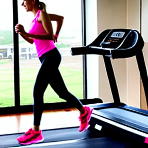 Image similar to A woman walking on a treadmill with her dog walking on a smaller treadmill next to her