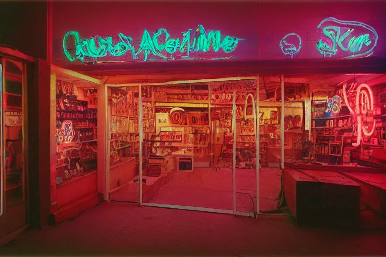 Prompt: neon skeleton shopping, inside of a 1970s music store store, neon lights, dirty, ektachrome photograph, volumetric lighting, f8 aperture, cinematic Eastman 5384 film