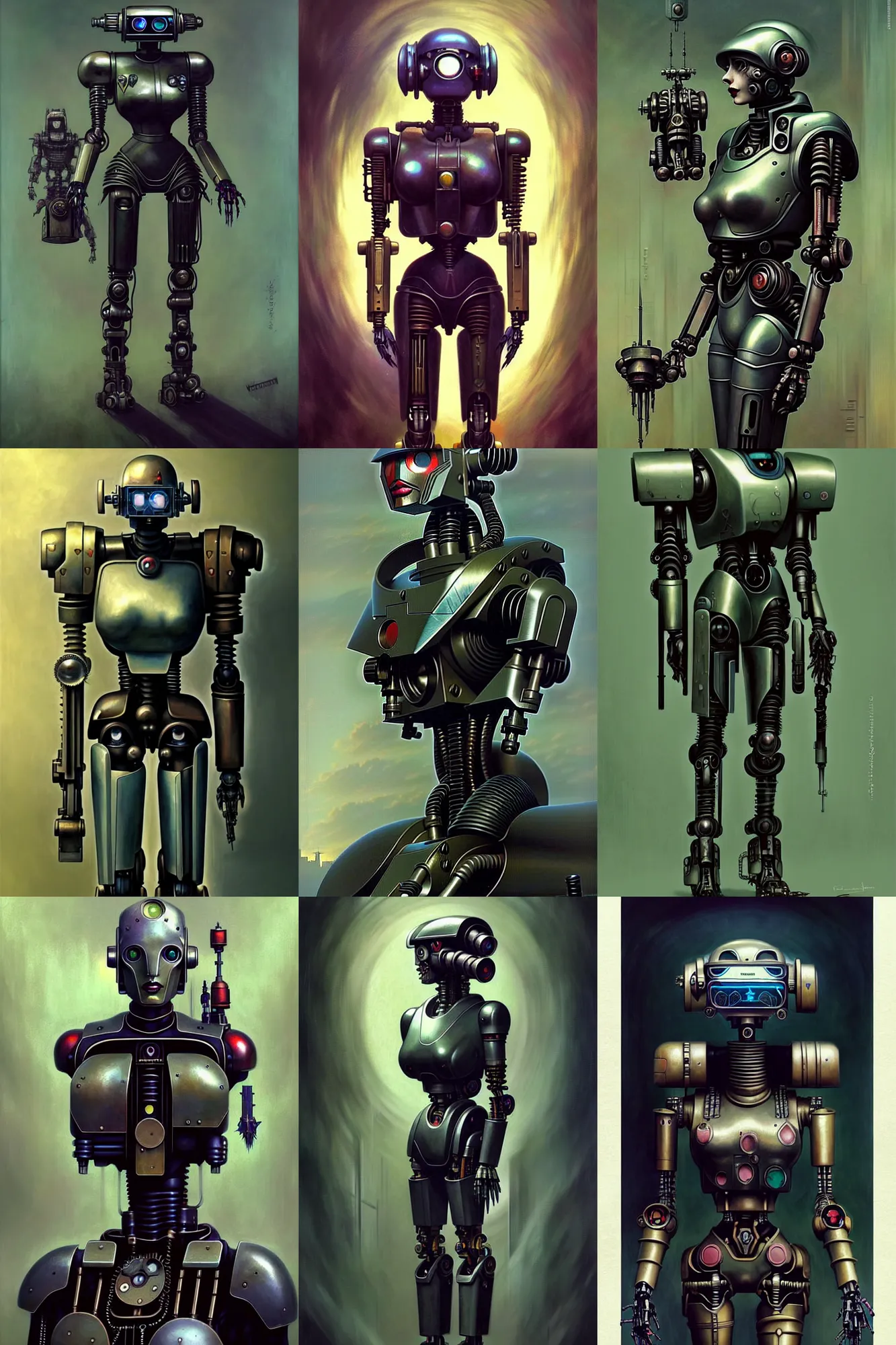 Prompt: fullbody or portrait, simple futurist cyborg raven, warhammer 4 0 k, perfect future, award winning art by santiago caruso, iridescent color palette, beautiful face, by wlop and karol bak and bouguereau and viktoria gavrilenko, 1 9 5 0 s retro future robot android. muted colors