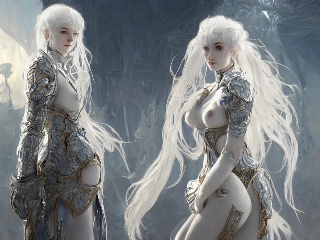 Image similar to portrait white hair knights of zodiac girl, sliver ice color reflected armor, in ruined agora of athens sunrise, ssci - fi and fantasy, intricate and very very beautiful and elegant, highly detailed, digital painting, artstation, concept art, smooth and sharp focus, illustration, art by tian zi and wlop and alphonse mucha