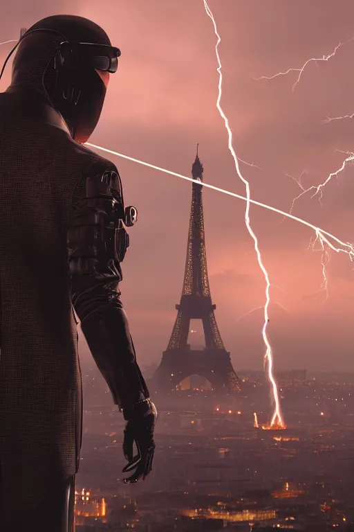 Image similar to in the foreground Paris, in the background a dark-haired man from behind playing with lightning coming out of his hands wearing a long matrix-style jacket, realistic, high definition, many details, dramatic scene, symmetrical face, realistic eyes, cyberpunk art 2077