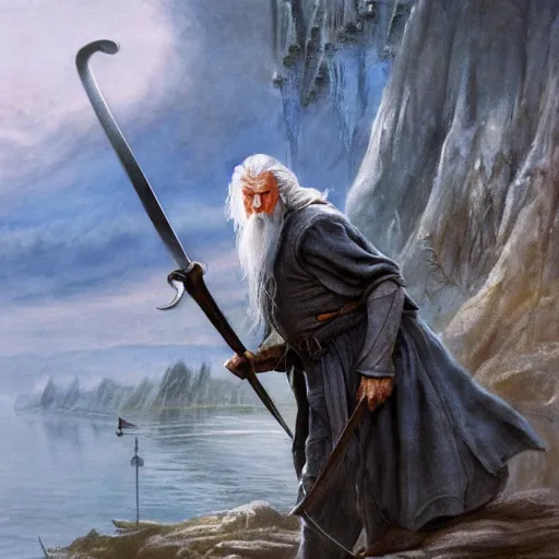 Image similar to beautiful gandalf with a sword in his hand on a bridge fighting the balrog, by alan lee, lord of the rings, smooth, detailed terrain, oil painting, matte painting, concept art, trending on artstation