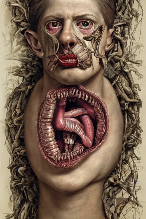 Prompt: Detailed maximalist portrait of a greek god with large lips and eyes, scared expression, botanical anatomy, skeletal with extra fleshy limbs, HD mixed media, 3D collage, highly detailed and intricate, surreal illustration in the style of Jenny Saville, dark art, baroque, centred in image