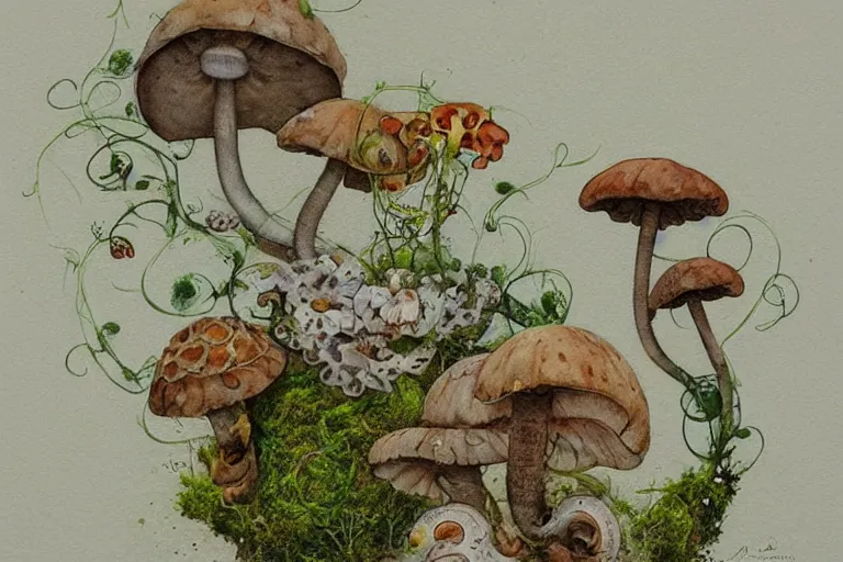 Prompt: retro airbrush detailed ( ( ( ( ( 1 9 5 0 s retro hobot house flower with vines, moss and mushrooms. with white old paper background. watercolor ) ) ) ) ) by jean - baptiste monge,!!!!!!!!!!!!!!!!!!!!!!!!!!!!!