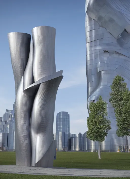 Image similar to highly detailed realistic architecture 3 d render of a futuristic stele monument in frank gehry style standing in city park, archdaily, made in unreal engine 4 octane render