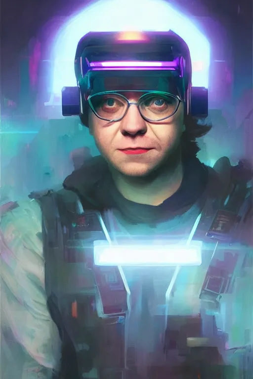 Image similar to portrait of Rupert Grint as Ron Wisly with visor in cyberpunk, neon lighting, night city, digital art from artstation by Ruan Jia and Mandy Jurgens and Artgerm and william-adolphe bouguereau and Greg Rutkowski