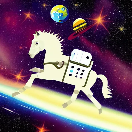 Image similar to a horse above a man in space suit, horse riding astronaut, space background, art