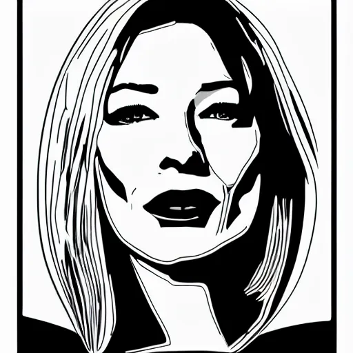 Image similar to a simplified black and white vector based illustration of cate blanchett, created in Adobe illustrator, black ink shading on white background, smooth vector curves, vinyl cut ready