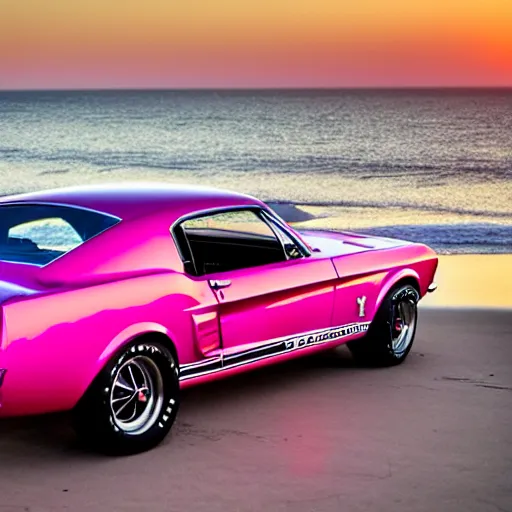 Image similar to long shot of 1967 Ford mustang Shelby GT500 in pink color at sunset in front a beach, 8k, amazing reflection of the beach on the car, UHD Photography