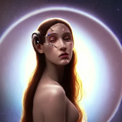 Prompt: A young beautiful female extraterrestrial-cyborg face with a very long neck, big clear eyes, thin nose, big lips, hair floating in the wind:: alien is from the future, Realistic, Refined, Detailed Digital Art, Oil Painting, William-Adolphe Bouguereau, Pre-Raphaelite,Renaissance, Highly Detailed, Cinematic Lighting, Unreal Engine, 8K