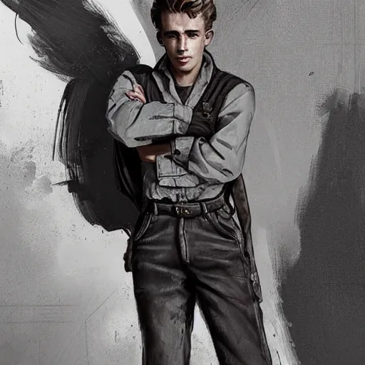 Image similar to a highly detailed epic cinematic concept art CG render digital painting artwork costume design: young James Dean as a well-kept neat anarchist rebel in 1950s USSR mechanic overalls and big boots. By Greg Rutkowski, Ilya Kuvshinov, WLOP, Stanley Artgerm Lau, Ruan Jia and Fenghua Zhong, trending on ArtStation, subtle muted cinematic colors, made in Maya, Blender and Photoshop, octane render, excellent composition, cinematic atmosphere, dynamic dramatic cinematic lighting, aesthetic, very inspirational, arthouse