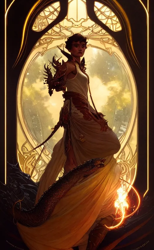 Image similar to magic gold dragon gorgeous lighting by weta studio, mucha, bautista and norman rockwell and greg rutkowski and tom bagshaw and james gurney and lucasfilm