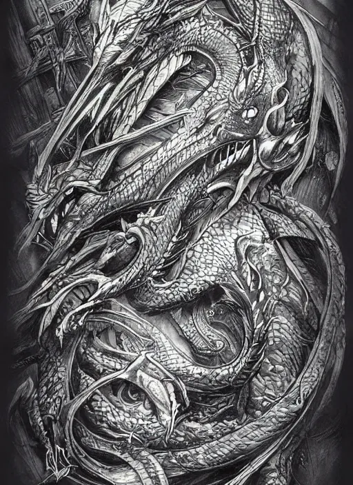 Prompt: highly detailed picture of great dragon, sketch tattoo, dark, black theme, japan style, highly detailed, masterpiece, trending on artstation, golden ratio, cinematic romantic magical, perfect intricate