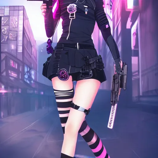 Image similar to poster art of anime girl with cyberpunk style outfit, cute face, pretty, Anime, posing with a gun by Valorant and Julia Yurtsev, Fierce expression 4k, 8k, HDR, Trending on artstation, Behance, Pinterest