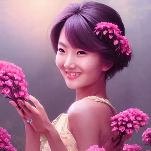 Image similar to portrait of hong jin - young, 홍진영, smiling with flowers in hands. sharp focus, cinematic pose, cinematic lighting, unreal engine render. art by josan gonzales and moebius and deathburger.