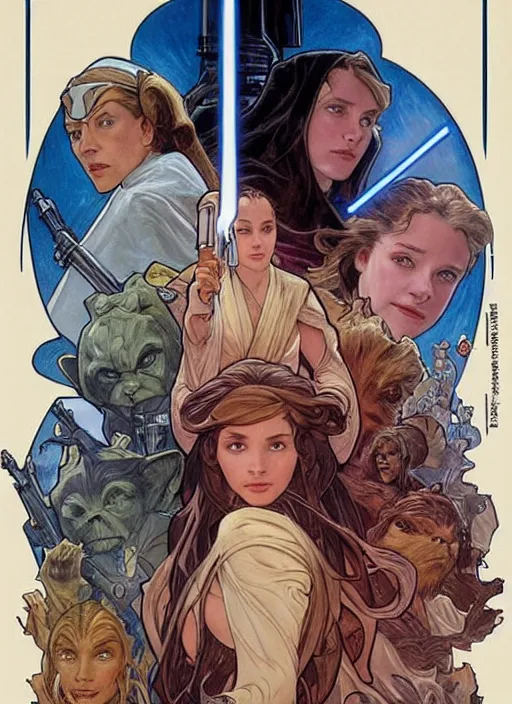 Image similar to movie poster by iain mccaig and magali villeneuve and drew struzan and alphonse mucha, a very beautiful!!!! woman jedi master, highly detailed. star wars original trilogy, she is about 2 0 years old, wearing jedi robes.