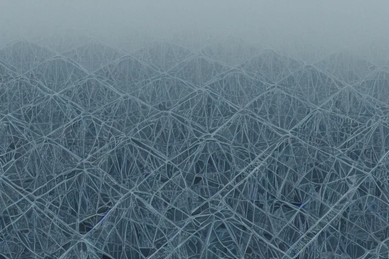 Image similar to a complex organic fractal 3 d ceramic megastructure city, cinematic shot, foggy, photo still from movie by denis villeneuve