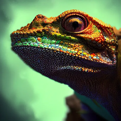 Prompt: close up portrait of an epic young chameleon lizard as a human wizard, pixar style, stylized face, intricate detail, digital painting, glowing orange eyes, vivid color, neon colors, particles floating, background by wlop, artwork by ross tran and liam wong and mike winklemann, trending on artstation