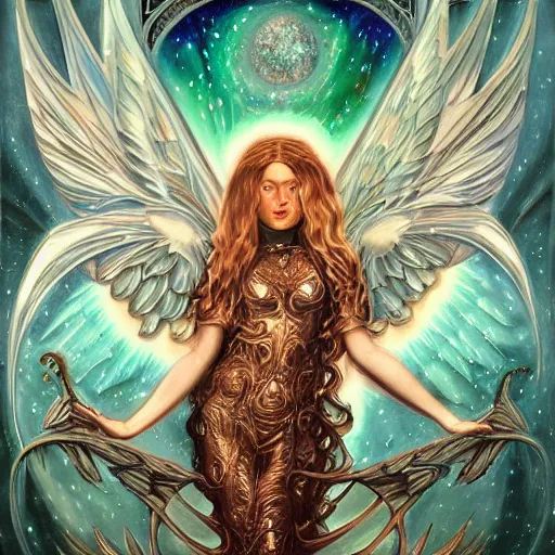 Prompt: hiperrealistic, ultra detailed art nouveau painting of an archangel made of cosmic energy, character art, character study, 4 k uhd, post production, dark tones, intricate, masterpiece, sharp focus