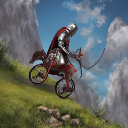 Prompt: a medieval knight riding a mountain bike in photorealistic style