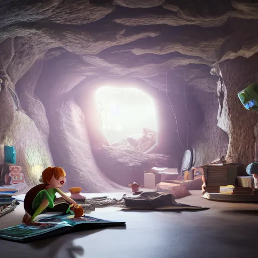 Image similar to books cave, 3 d render, incredible details, highly detailed, photorealistic, disney pixar, smooth, octane render, iridescent, 8 k