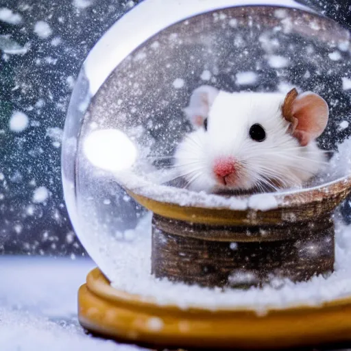 Prompt: a light grey dwarf hamster on a solarpunk wheel in a snow globe