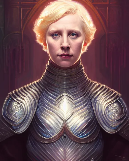 Image similar to symmetry portrait of brienne of tarth, fantasy, silver armor, glowing lights intricate, elegant, highly detailed, digital painting, artstation, concept art, smooth, sharp focus, illustration, art by artgerm and greg rutkowski and alphonse mucha