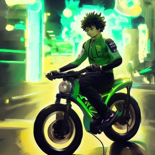 Image similar to realistic Izuku Midoriya riding a neon electric bike, Greg Rutkowski